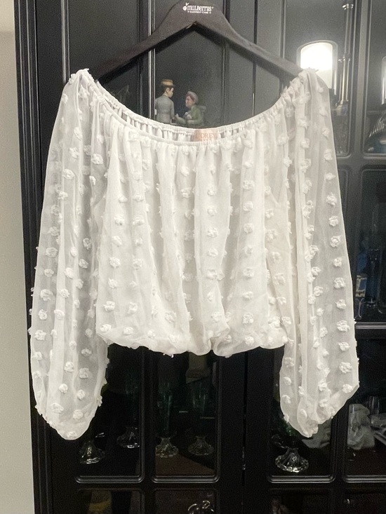 Francesca's Collections Tops - White Off-Shoulder Cropped Pom Pom Blouse
